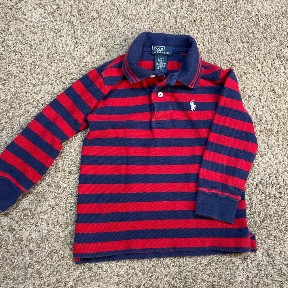Polo Ralph Lauren Kids Red Navy Striped Long Sleeve Polo Shirt Size 2 2T Pony